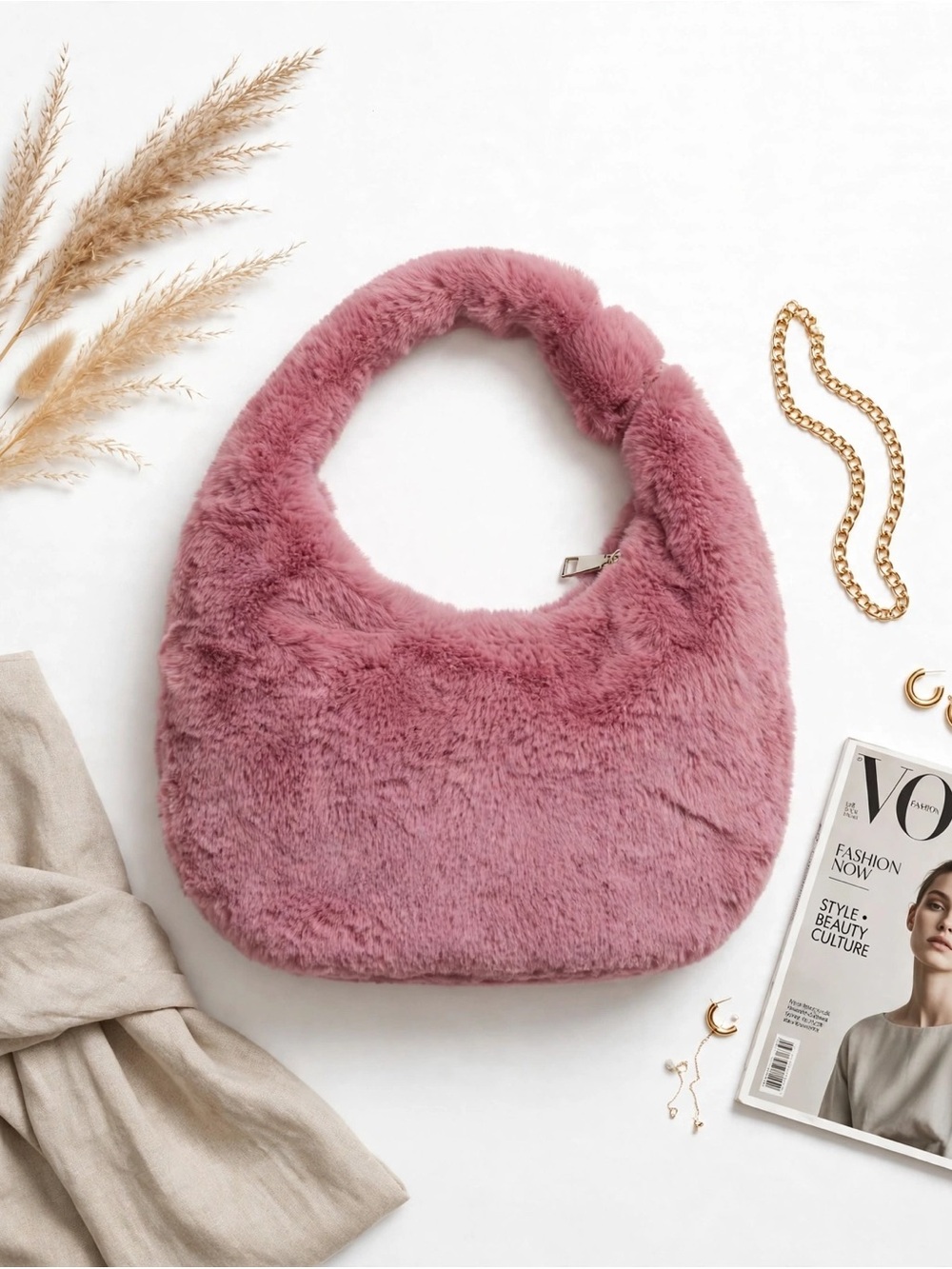 Plush Faux Fur Hobo Bag - Rose Pink